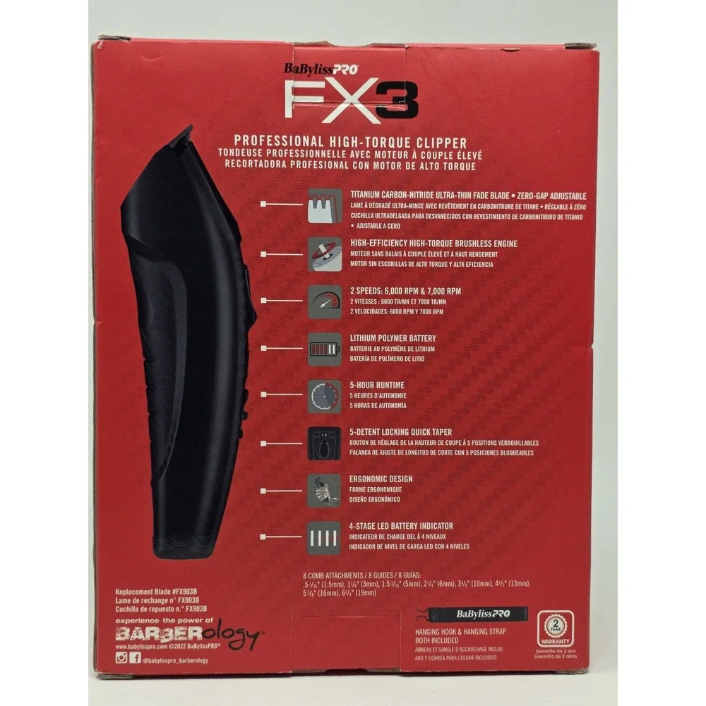 BaBylissPRO FX3 Professional High Torque Clipper Black #FXX3CB New Open Box